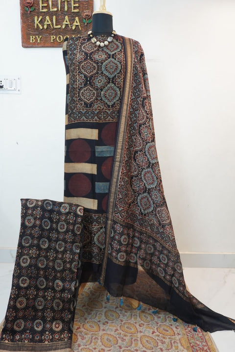 Black Maheshwari silk 3 piece Ajrakh block print suit set with border and tassels, Design 3
