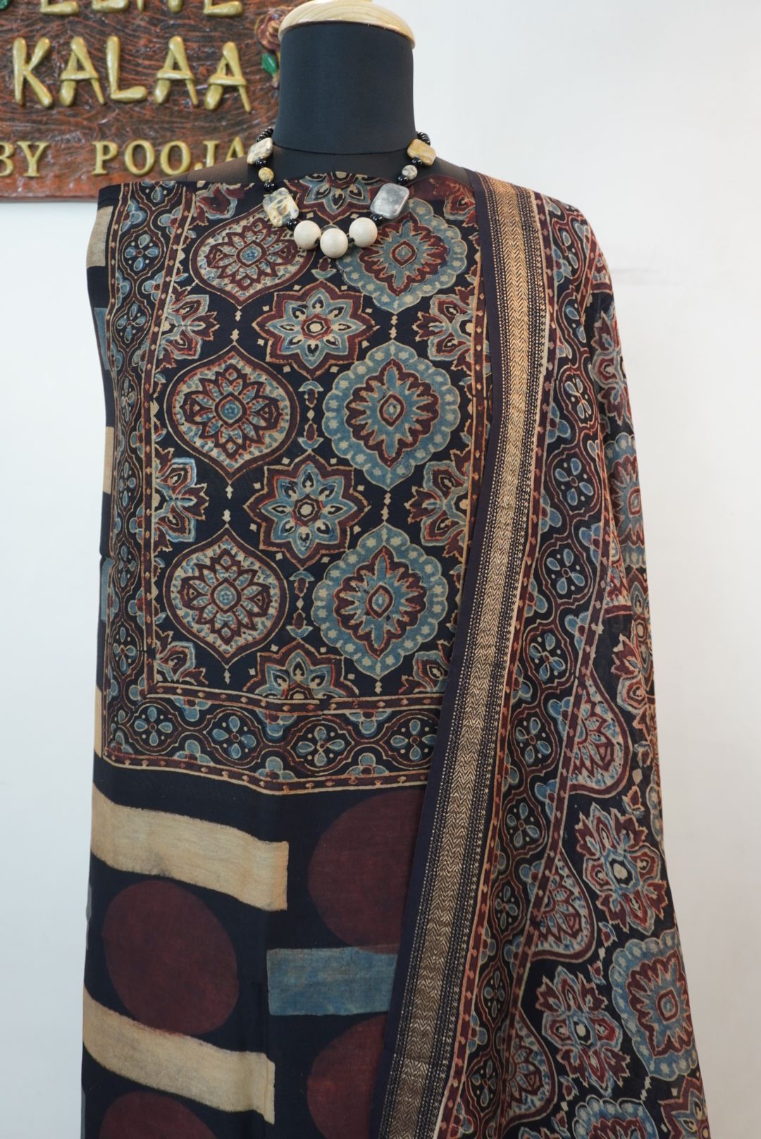 Black Maheshwari silk 3 piece Ajrakh block print suit set with border and tassels, Design 3