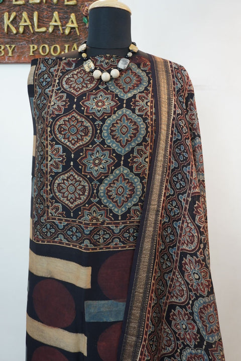 Black Maheshwari silk 3 piece Ajrakh block print suit set with border and tassels, Design 3
