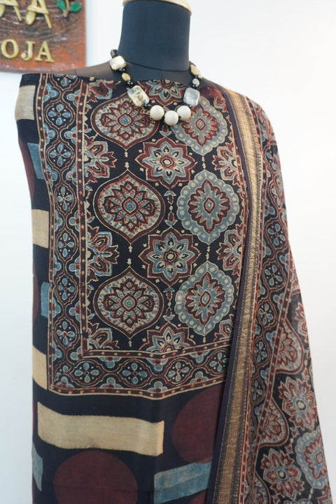 Black Maheshwari silk 3 piece Ajrakh block print suit set with border and tassels, Design 3