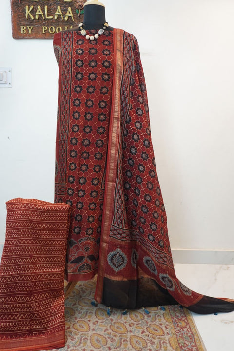 Red Maheshwari silk Ajrakh block print 3 piece suit set with border and tassels