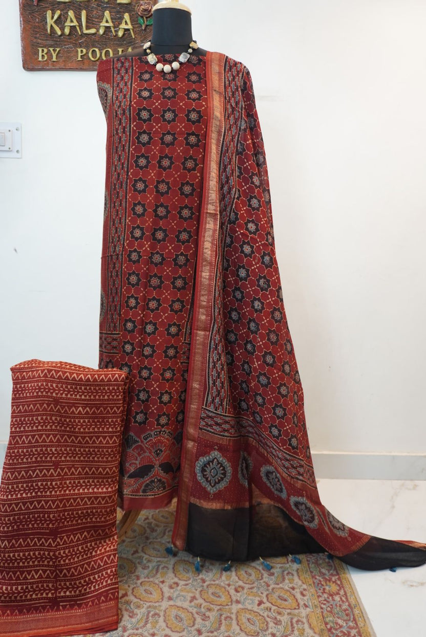 Red Maheshwari silk Ajrakh block print 3 piece suit set with border and tassels