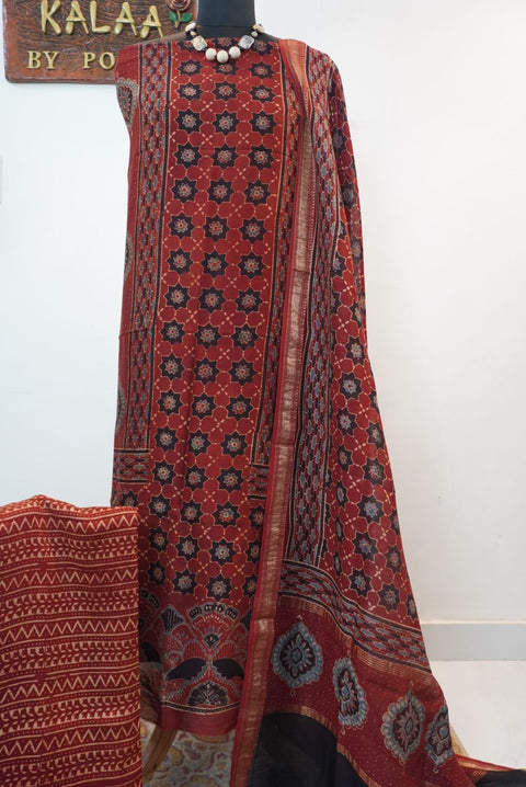 Red Maheshwari silk Ajrakh block print 3 piece suit set with border and tassels