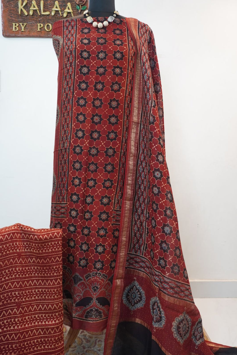 Red Maheshwari silk Ajrakh block print 3 piece suit set with border and tassels