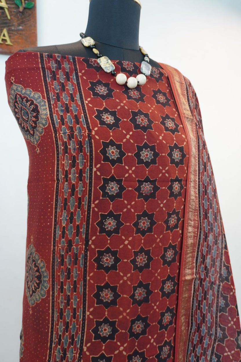 Red Maheshwari silk Ajrakh block print 3 piece suit set with border and tassels