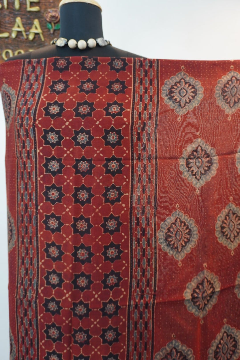 Red Maheshwari silk Ajrakh block print 3 piece suit set with border and tassels