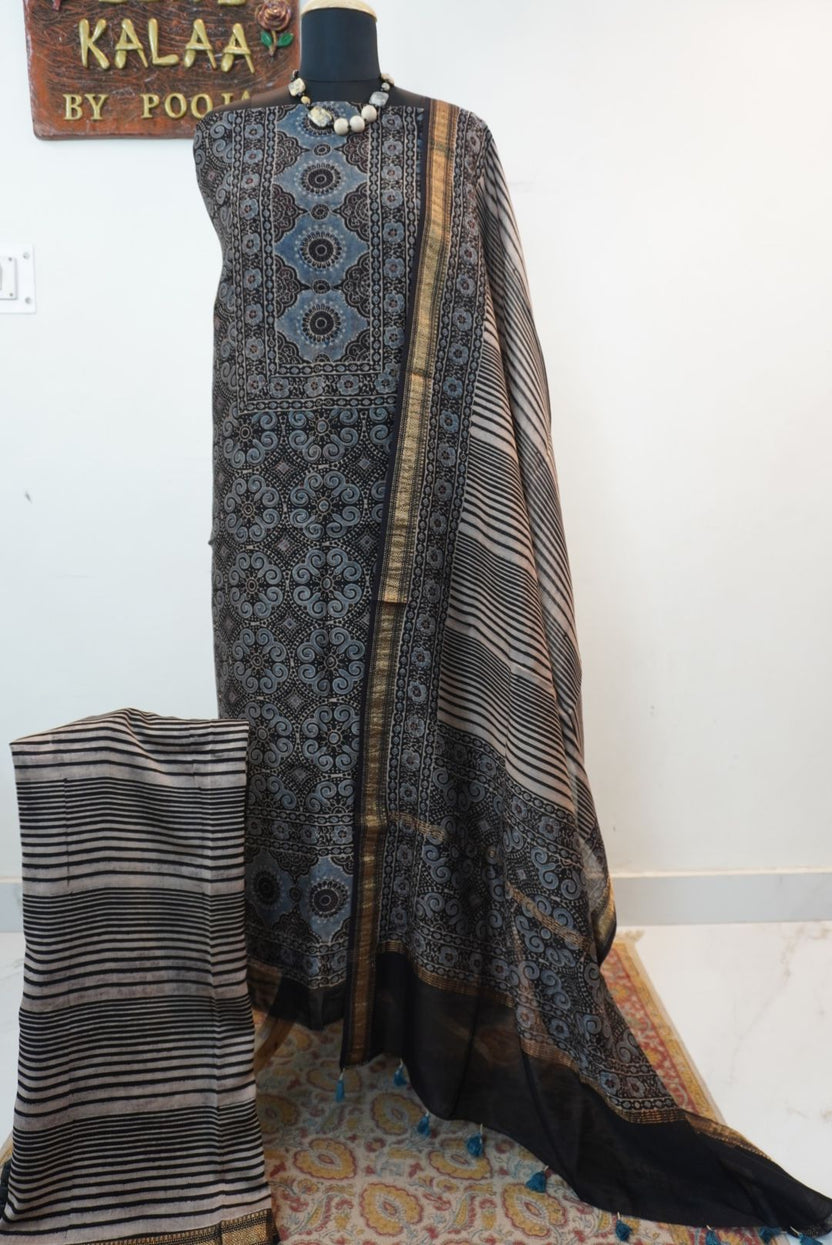 Black Maheshwari silk Ajrakh block print 3 piece dress material with border and Design 2