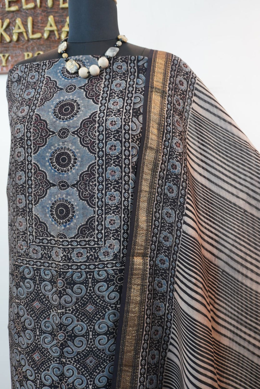 Black Maheshwari silk Ajrakh block print 3 piece dress material with border and Design 2