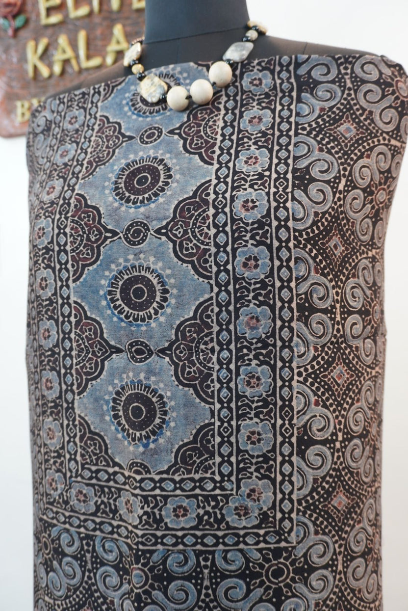 Black Maheshwari silk Ajrakh block print 3 piece dress material with border and Design 2