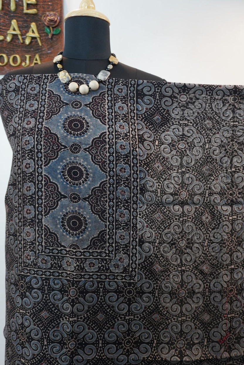 Black Maheshwari silk Ajrakh block print 3 piece dress material with border and Design 2