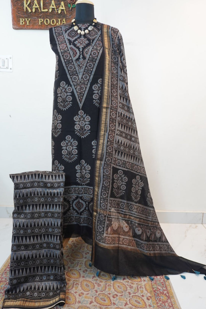 Black Maheshwari silk Ajrakh block print 3 piece suit set with border and tassels, Design 1