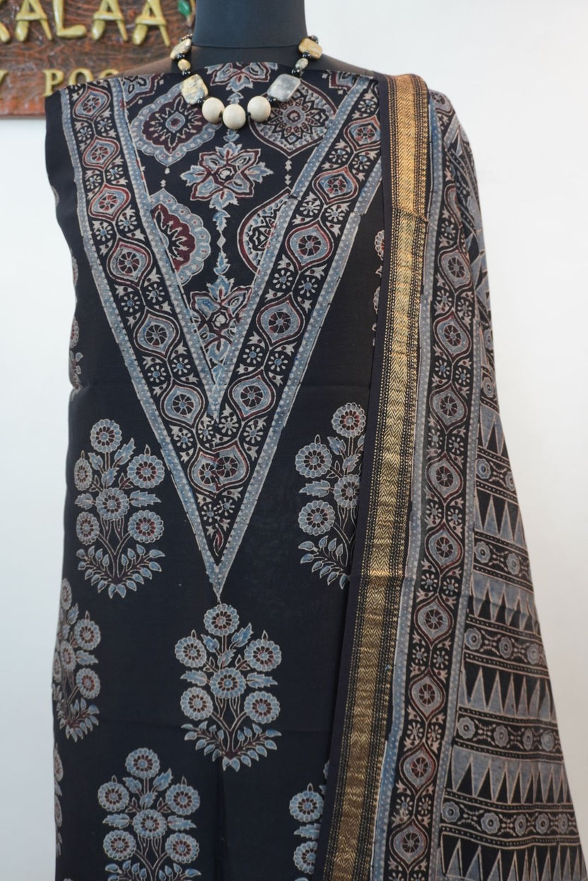 Black Maheshwari silk Ajrakh block print 3 piece suit set with border and tassels, Design 1