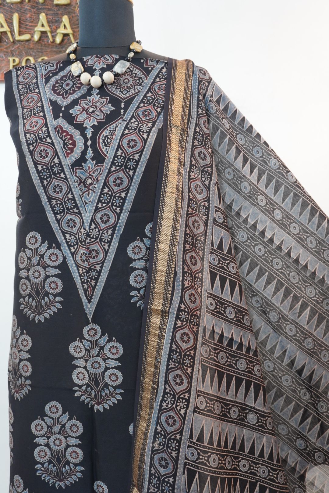 Black Maheshwari silk Ajrakh block print 3 piece suit set with border and tassels, Design 1