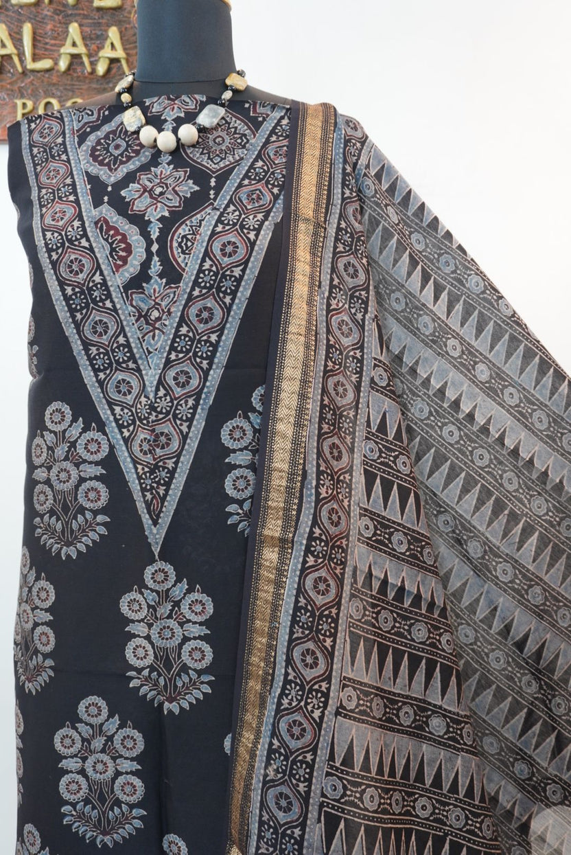 Black Maheshwari silk Ajrakh block print 3 piece suit set with border and tassels, Design 1