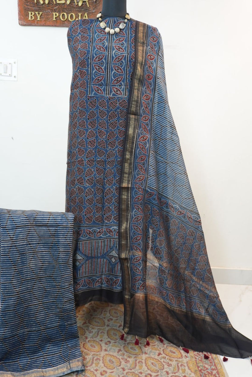 Maheshwari silk Ajrakh block print 3 piece suit set in indigo blue with Design 2