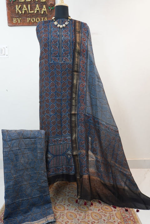 Maheshwari silk Ajrakh block print 3 piece suit set in indigo blue with Design 2