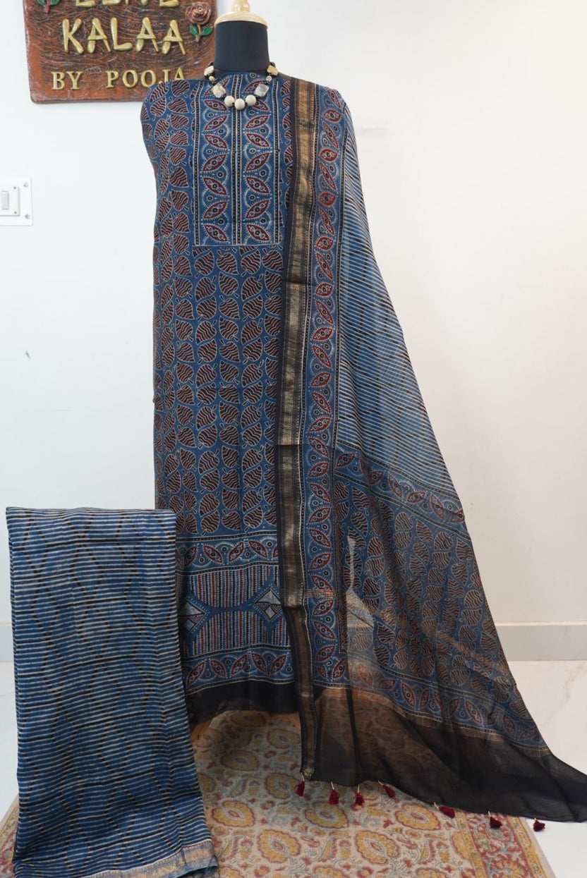 Maheshwari silk Ajrakh block print 3 piece suit set in indigo blue with Design 2