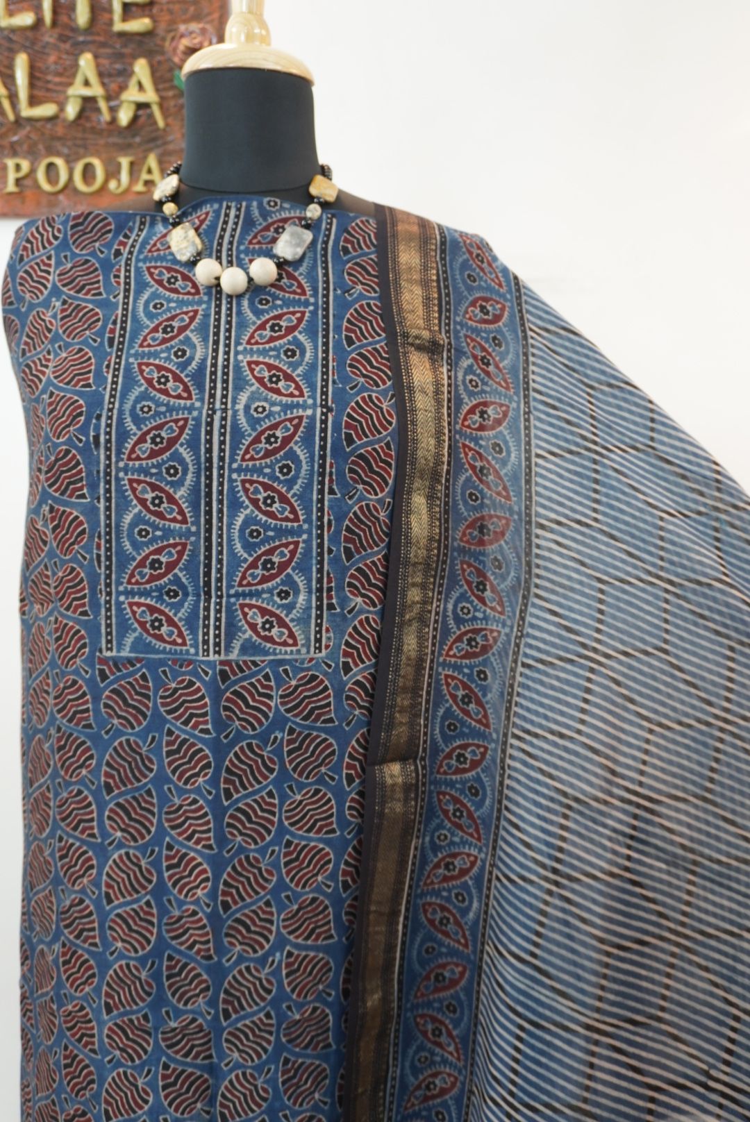 Maheshwari silk Ajrakh block print 3 piece suit set in indigo blue with Design 2