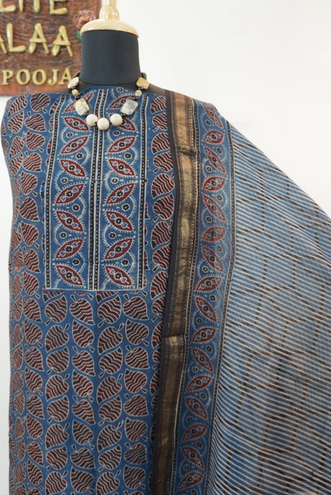 Maheshwari silk Ajrakh block print 3 piece suit set in indigo blue with Design 2