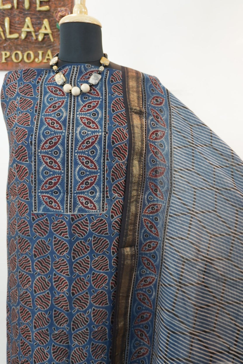 Maheshwari silk Ajrakh block print 3 piece suit set in indigo blue with Design 2