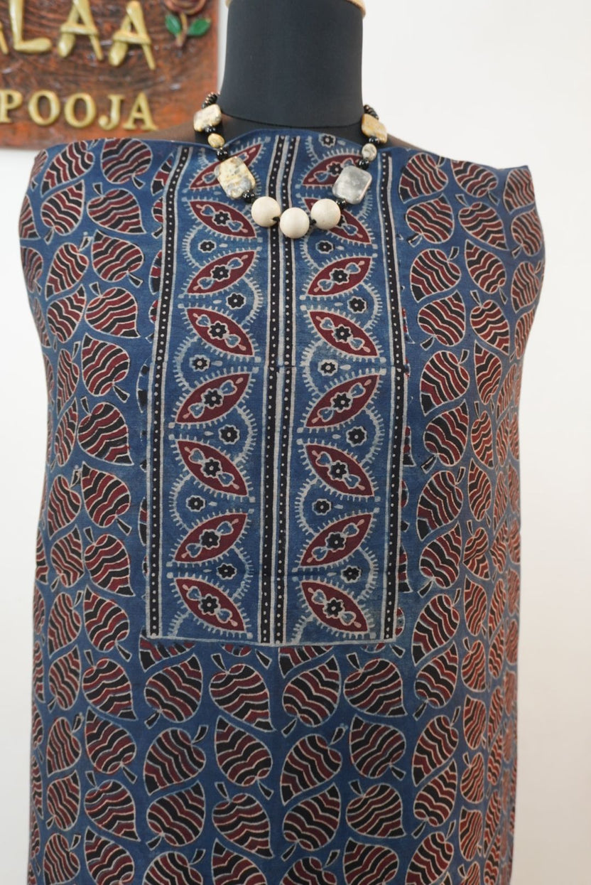 Maheshwari silk Ajrakh block print 3 piece suit set in indigo blue with Design 2