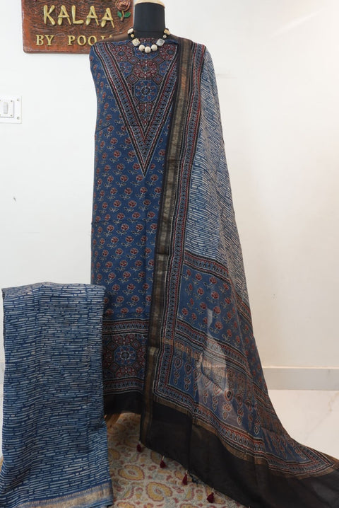 Maheshwari silk 3 piece suit set in indigo blue with Ajrakh block print and border detail