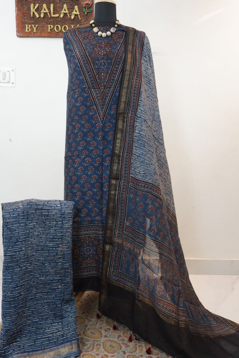 Maheshwari silk 3 piece suit set in indigo blue with Ajrakh block print and border detail