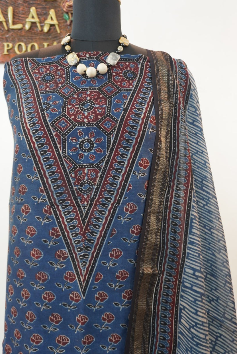 Maheshwari silk 3 piece suit set in indigo blue with Ajrakh block print and border detail