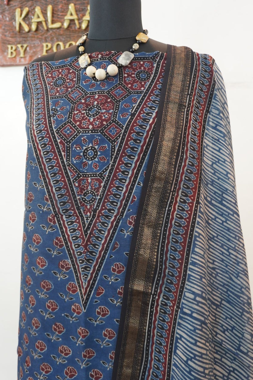 Maheshwari silk 3 piece suit set in indigo blue with Ajrakh block print and border detail