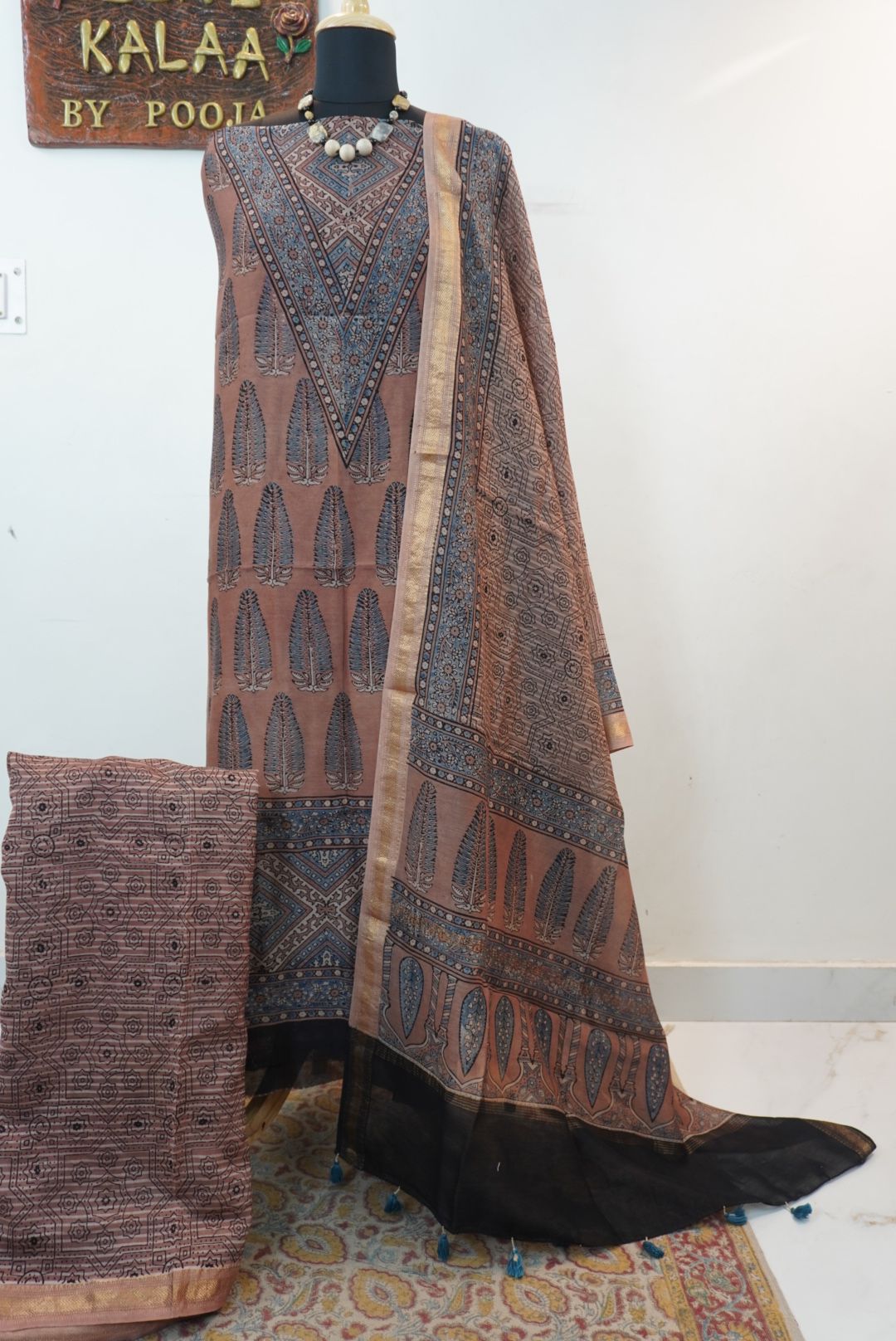 Peach Maheshwari silk 3 piece Ajrakh handblock suit set with border and tassels