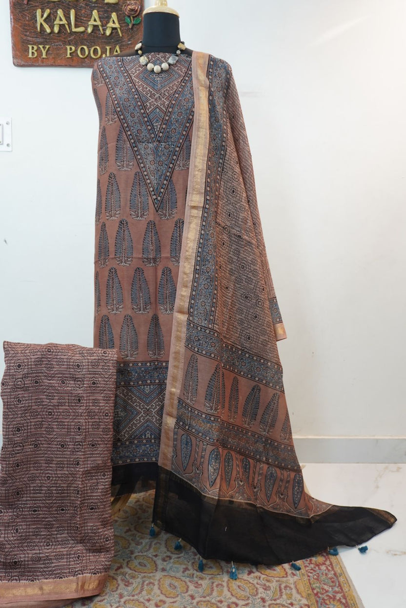Peach Maheshwari silk 3 piece Ajrakh handblock suit set with border and tassels