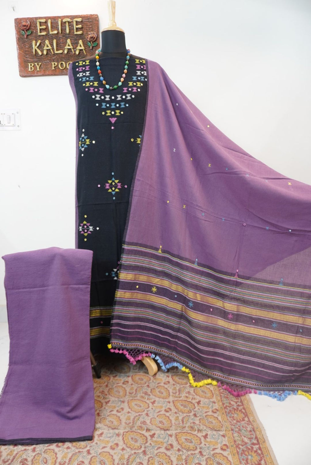 Black Kala Cotton Bhujodi 3 piece unstitched suit set with purple detailing, border and tassels