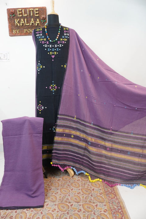 Black Kala Cotton Bhujodi 3 piece unstitched suit set with purple detailing, border and tassels