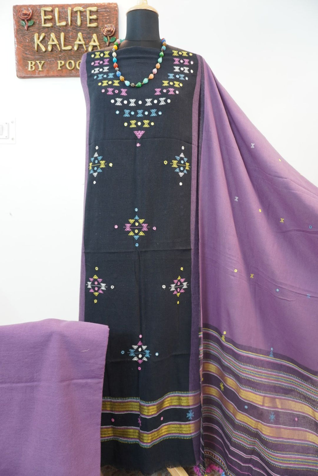 Black Kala Cotton Bhujodi 3 piece unstitched suit set with purple detailing, border and tassels