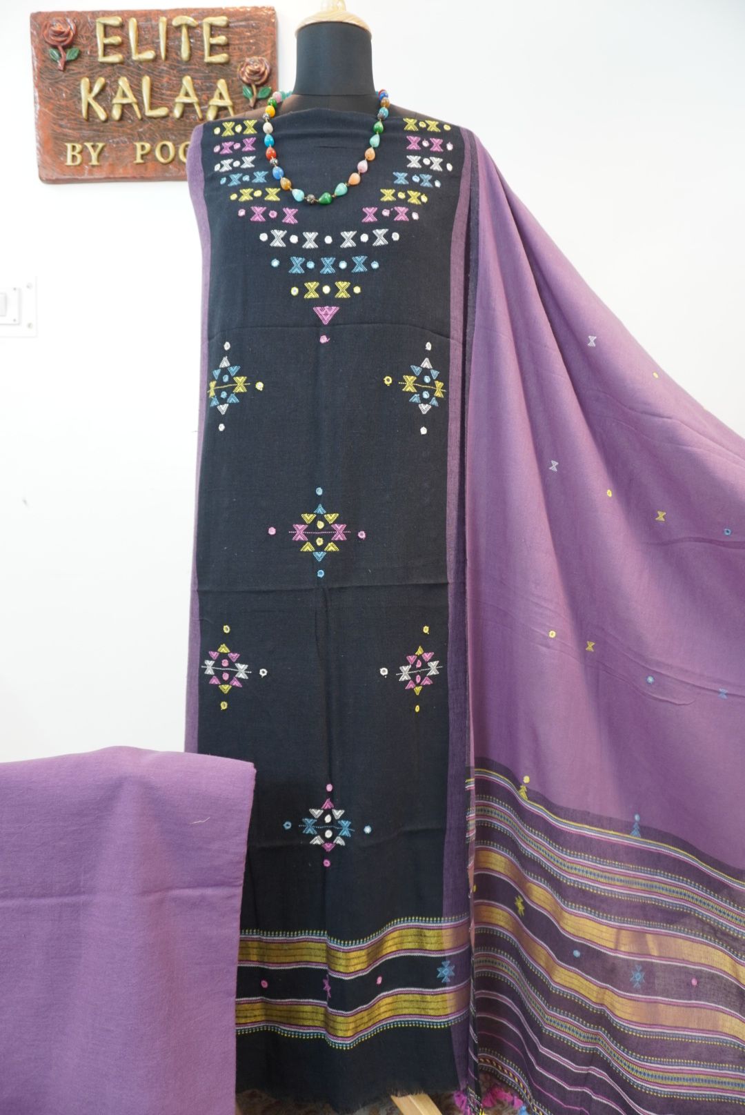 Black Kala Cotton Bhujodi 3 piece unstitched suit set with purple detailing, border and tassels