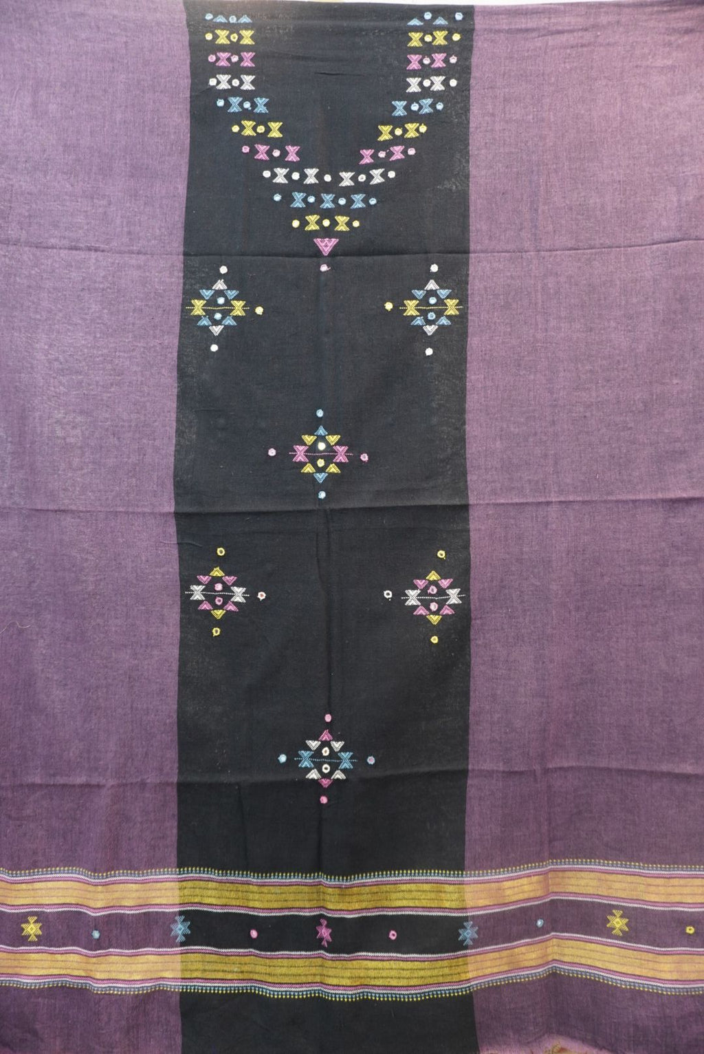 Black Kala Cotton Bhujodi 3 piece unstitched suit set with purple detailing, border and tassels