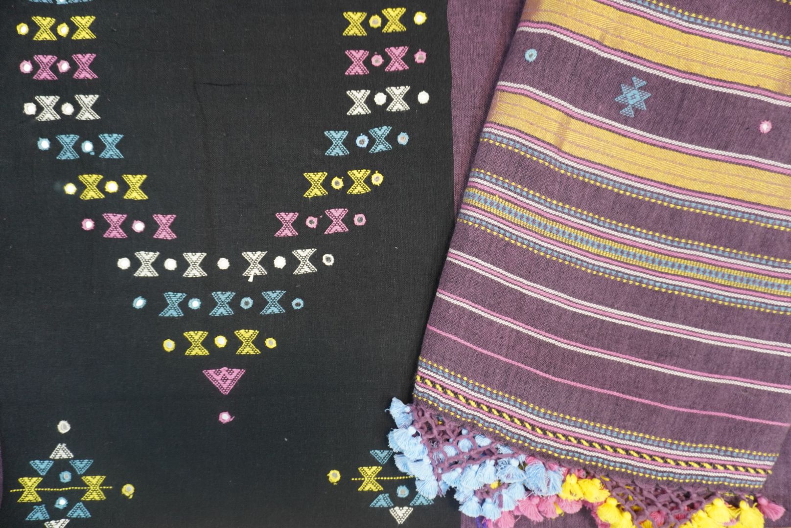 Black Kala Cotton Bhujodi 3 piece unstitched suit set with purple detailing, border and tassels
