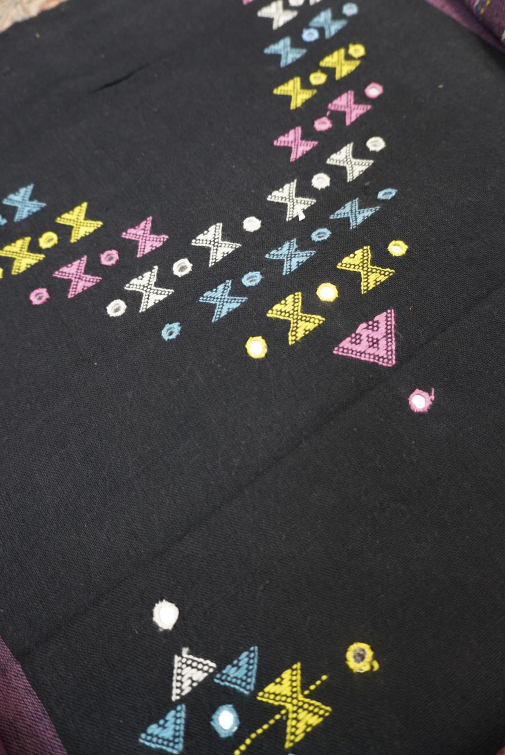 Black Kala Cotton Bhujodi 3 piece unstitched suit set with purple detailing, border and tassels