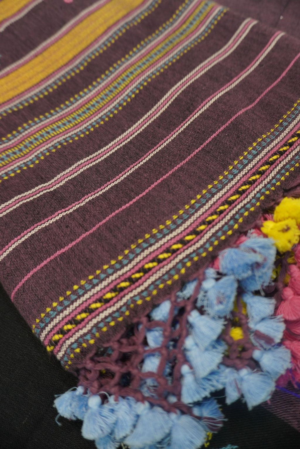 Black Kala Cotton Bhujodi 3 piece unstitched suit set with purple detailing, border and tassels