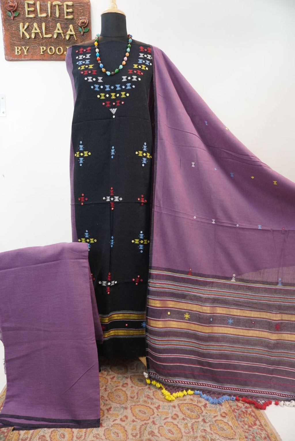 Black Kala Cotton Bhujodi 3-piece unstitched suit set with placement pattern, border, fringes and tassels