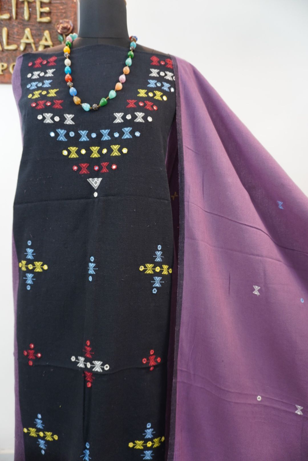Black Kala Cotton Bhujodi 3-piece unstitched suit set with placement pattern, border, fringes and tassels