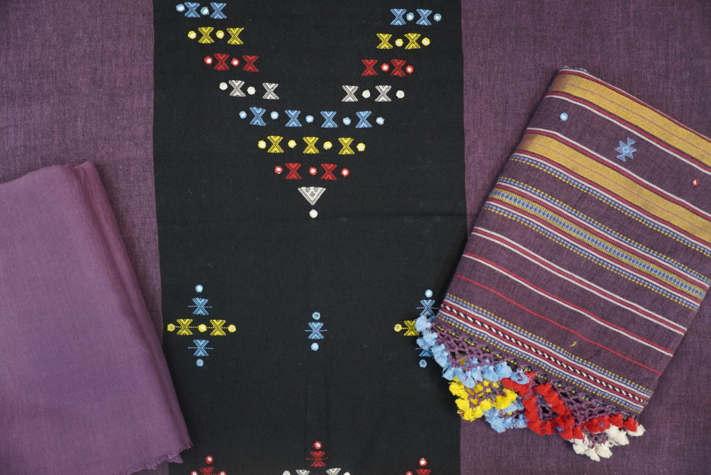 Black Kala Cotton Bhujodi 3-piece unstitched suit set with placement pattern, border, fringes and tassels