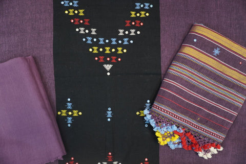 Black Kala Cotton Bhujodi 3-piece unstitched suit set with placement pattern, border, fringes and tassels