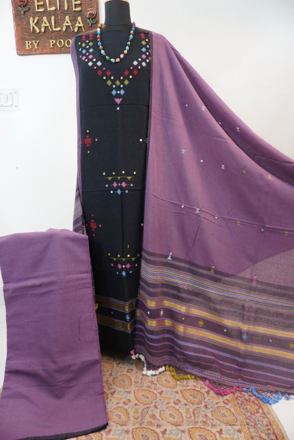 Black and purple Kala Cotton Bhujodi 3 piece suit set with placement pattern, border, fringe and tassels