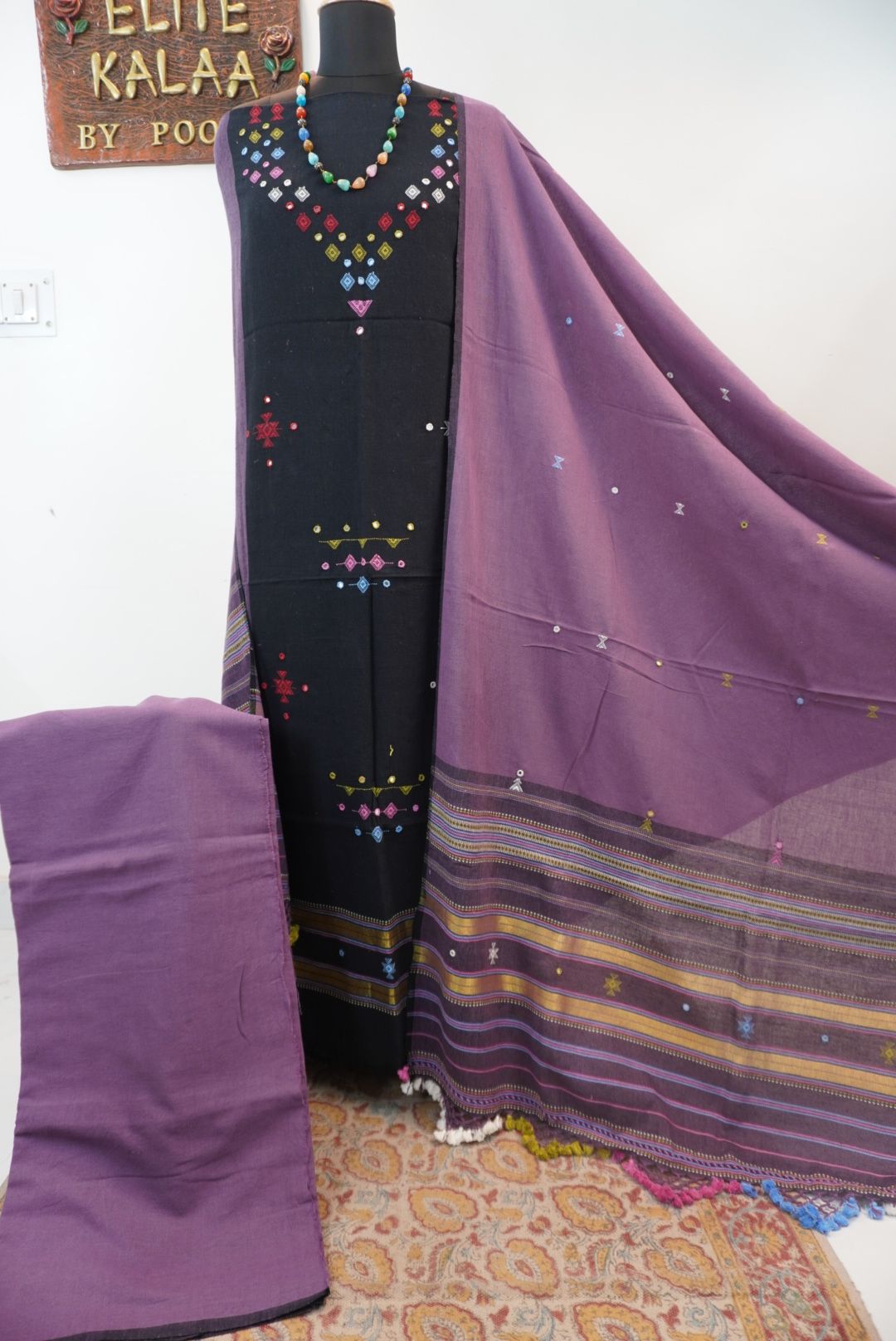 Black and purple Kala Cotton Bhujodi 3 piece suit set with placement pattern, border, fringe and tassels