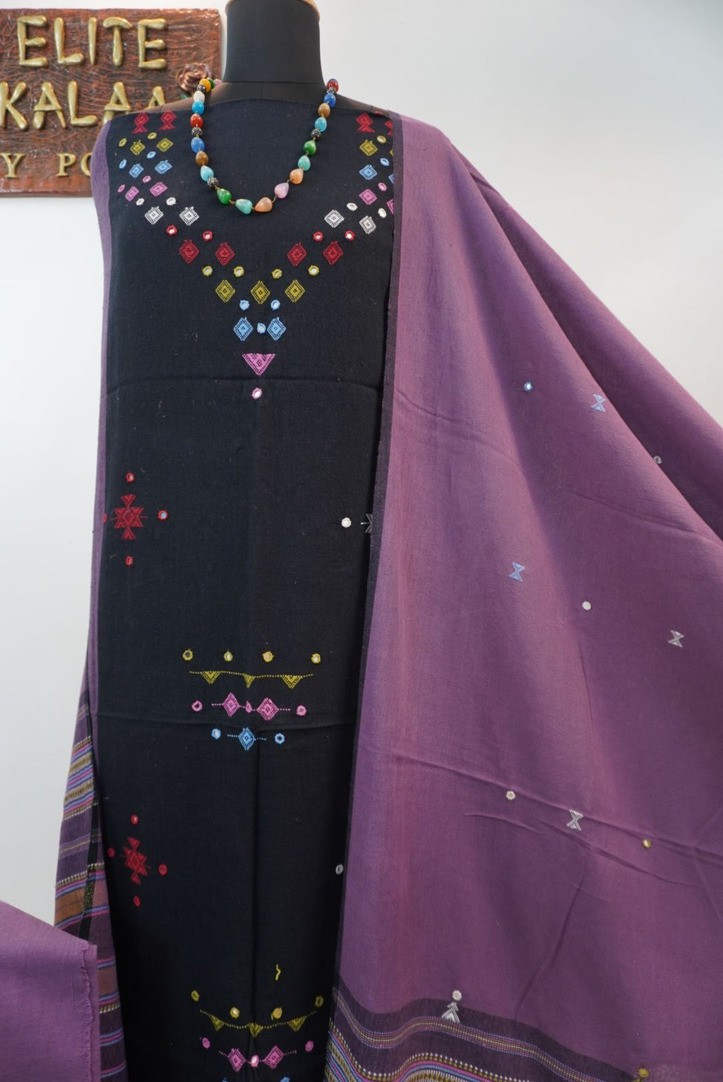 Black and purple Kala Cotton Bhujodi 3 piece suit set with placement pattern, border, fringe and tassels