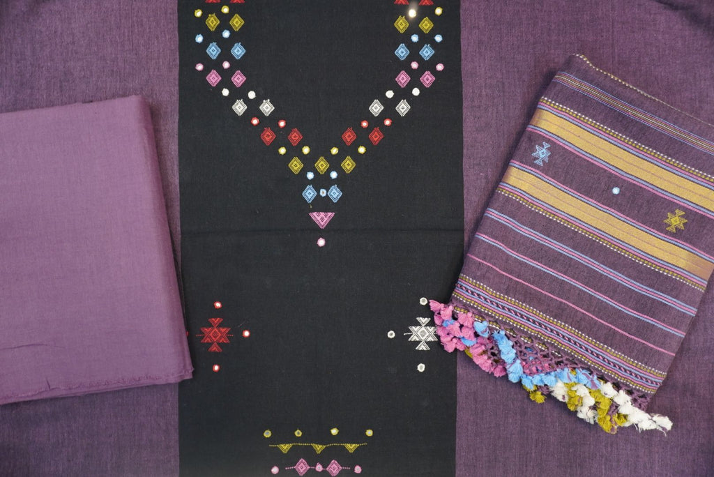 Black and purple Kala Cotton Bhujodi 3 piece suit set with placement pattern, border, fringe and tassels