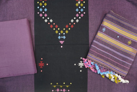 Black and purple Kala Cotton Bhujodi 3 piece suit set with placement pattern, border, fringe and tassels