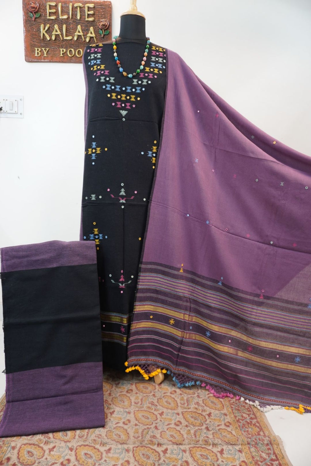Black Kala Cotton Bhujodi 3 piece suit set with placement pattern, border, fringe and tassels