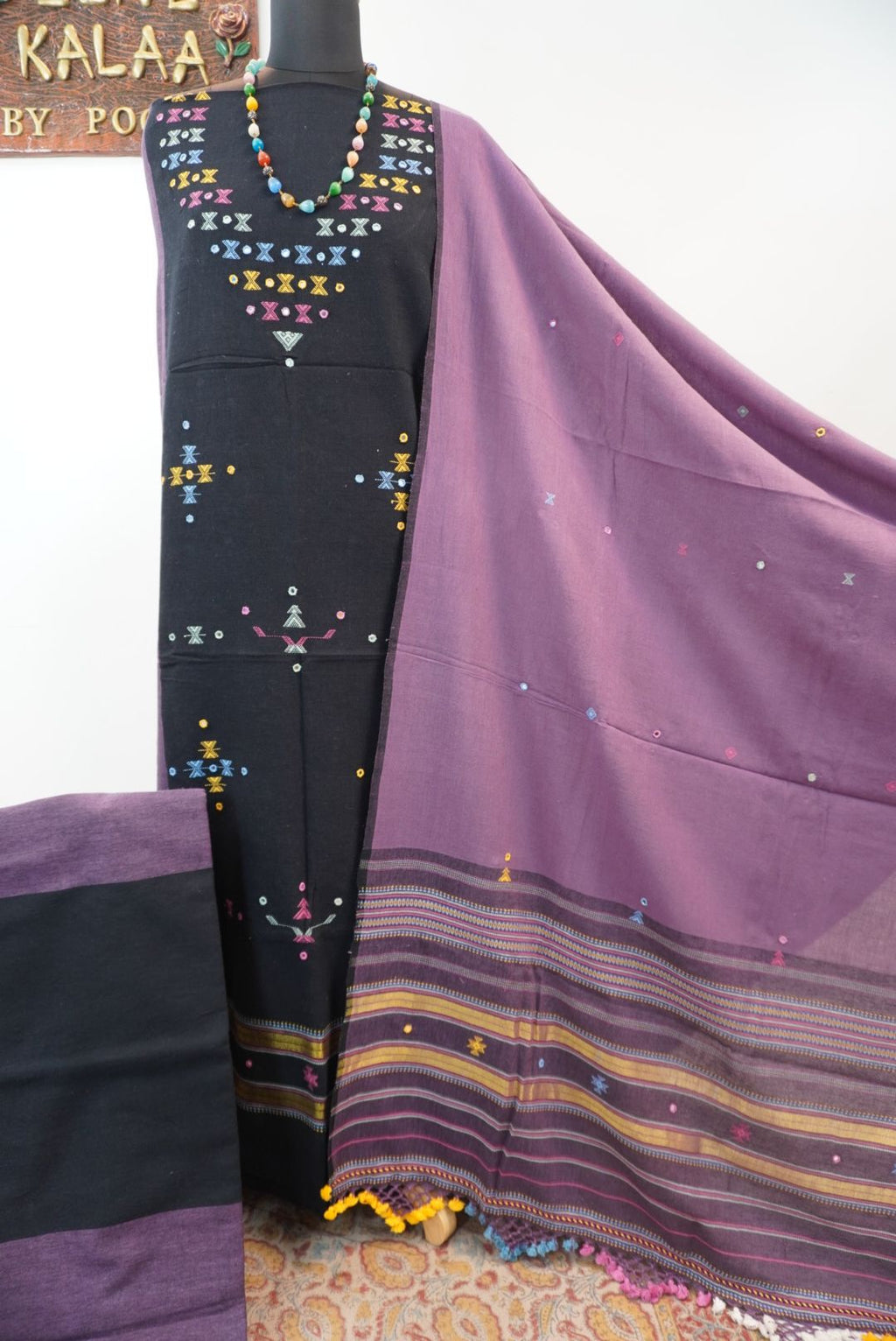 Black Kala Cotton Bhujodi 3 piece suit set with placement pattern, border, fringe and tassels